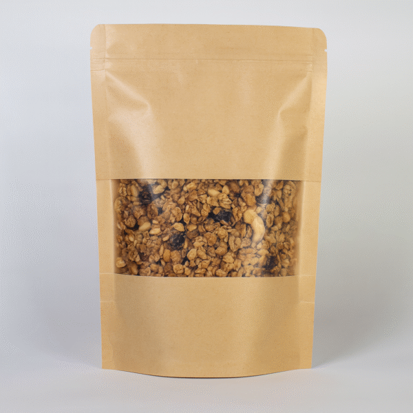 Empaque Kraft con 4 lados con ventana y zipper x 100 | Medidas: 19.5x12+5