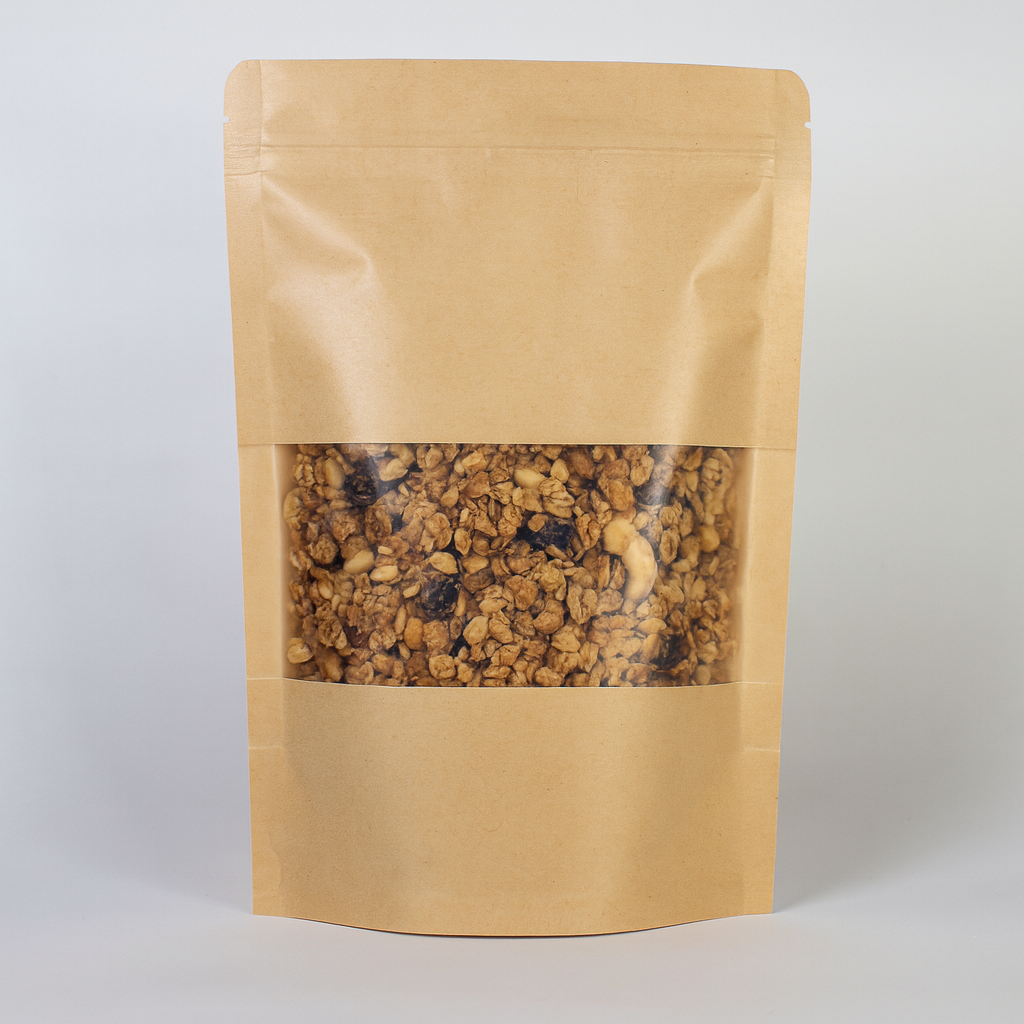 Empaque Kraft con 4 lados con ventana y zipper x 100 | Medidas: 19.5x12+5