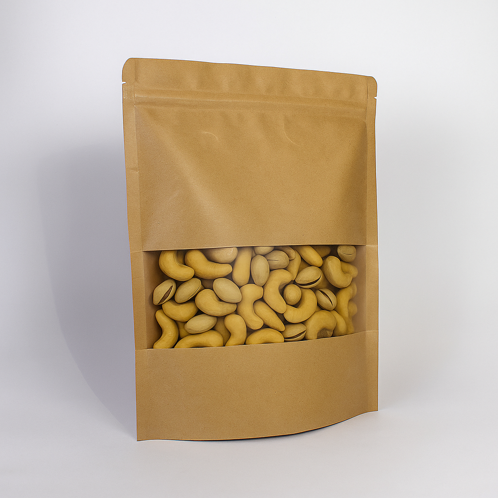 Empaque Kraft con 4 lados con Ventana y Zipper X 100 unid | Medidas: 17X24+4